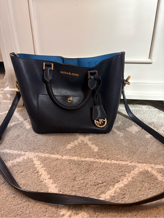 Michael Kors Handbags - Michael Kors Dark Blue Leather Satchel with Blue Interior & Gold Hardware
